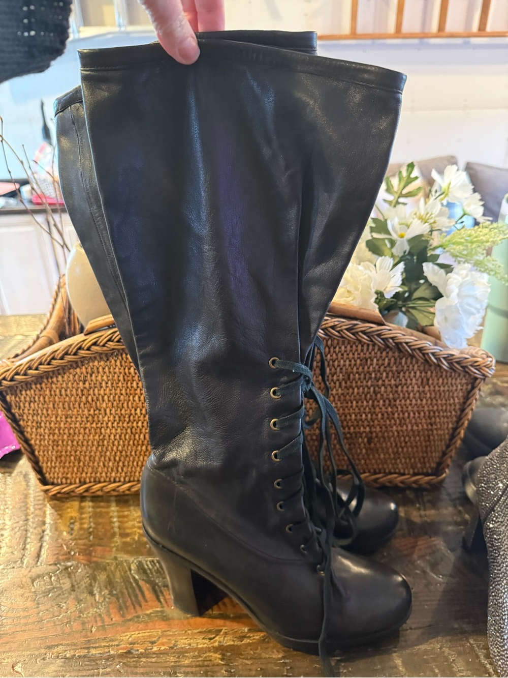 Farylrobin Black Lace-Up Mid-Calf Heel Boots